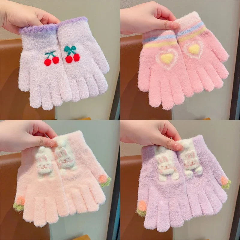 2023 New Boys Girls Cute Knitting Cherry Heart Animals Soft Five Finger Gloves Children Outdoor Warm Gloves Kids Colors Gloves