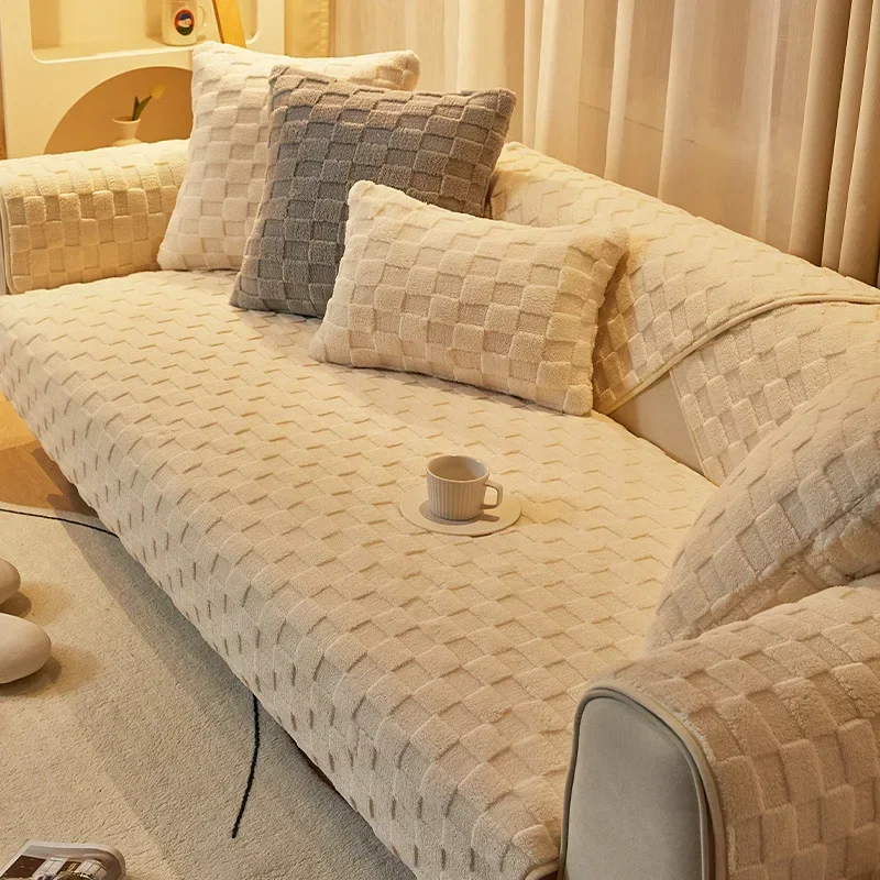 북유럽 겨울 봉제 소파 쿠션, 미끄럼 방지 쿠션, 등받이 커버 타월, 모던하고 심플한 겨울 가죽 소파 커버 천
