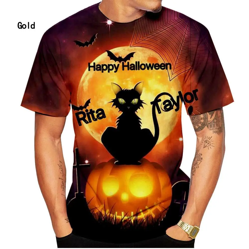 Men Halloween Pumpkin Bat Moon Spider Candle 3D Print Crew Neck Short Sleeve Casual Tee