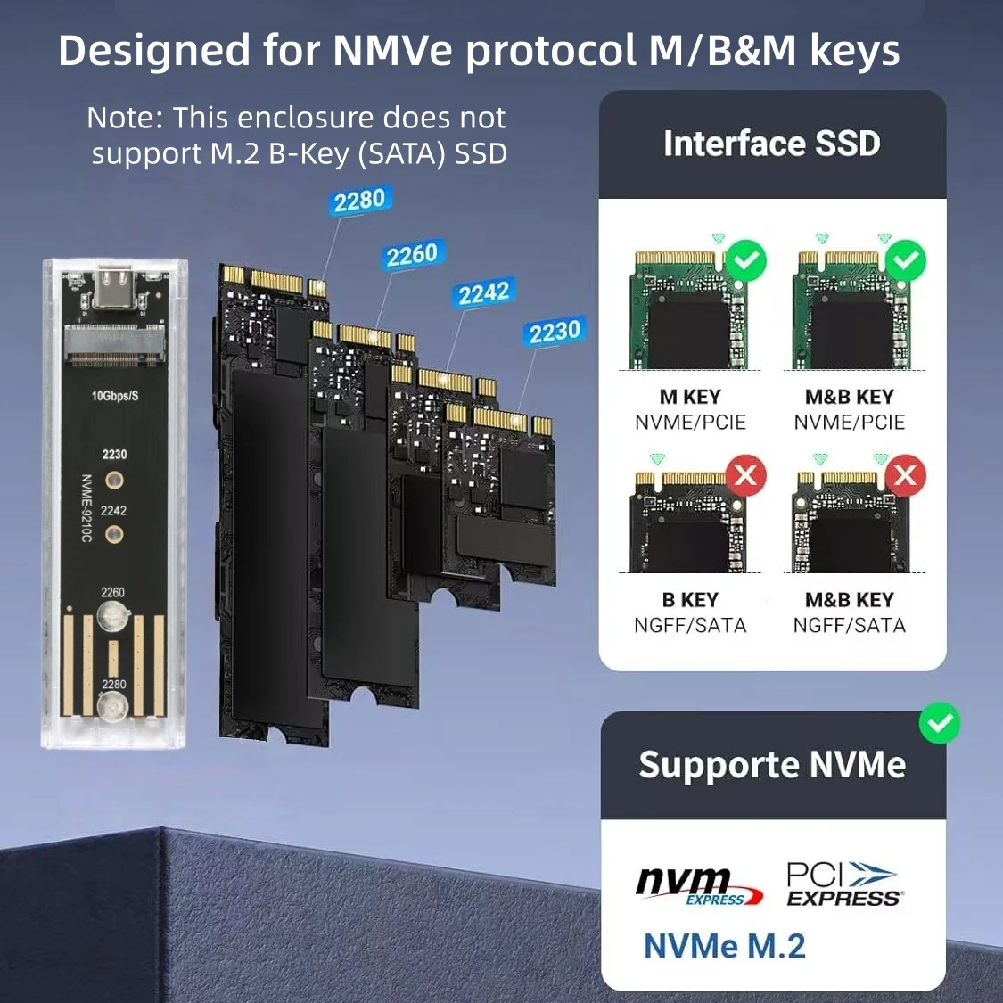 M.2 SSD-Gehäuse Transparentes M.2 NVMe SSD-Gehäuse USB 3.1 Typ C Gen2 10 Gbit/s Werkzeugfreies M.2 NVMe Solid State Drive Box für PC