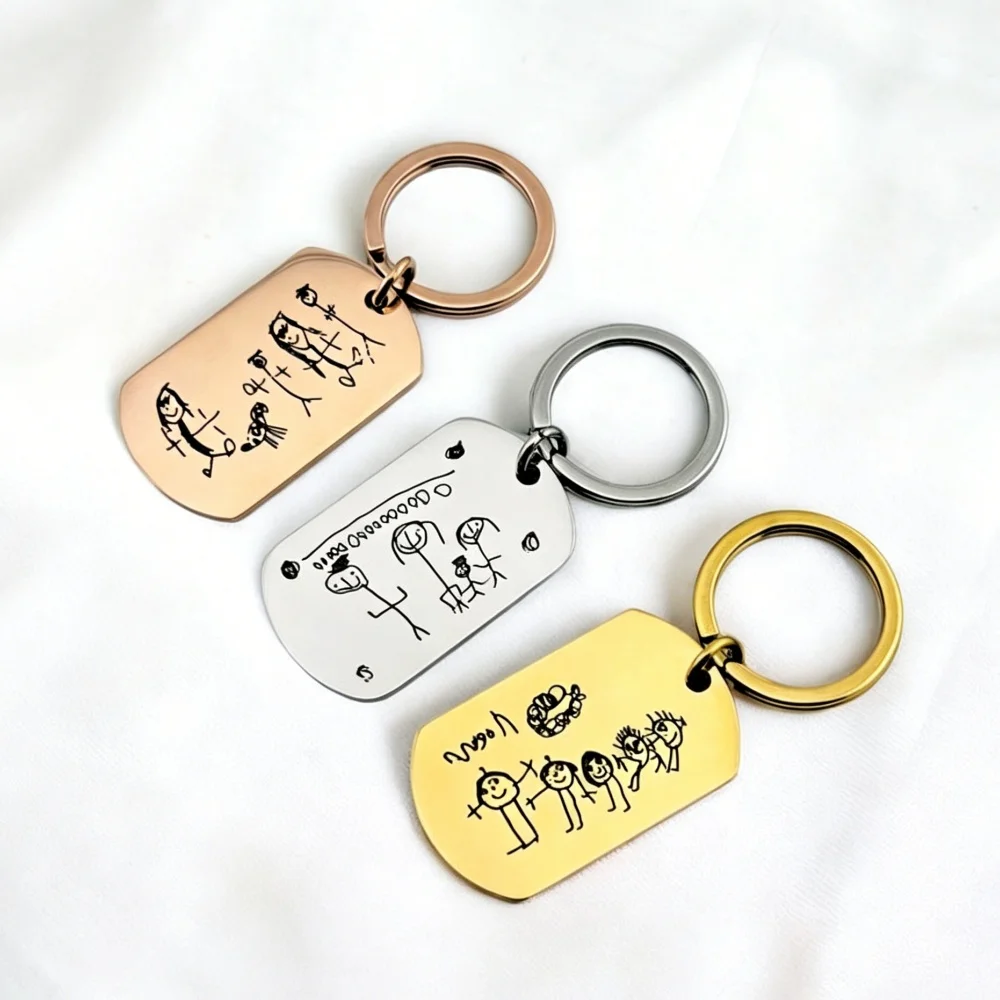 Customized Kids Drawing Keychain Heart Round Engraved Picture Keychain Stainless Steel Keychain Kids Artwork Pendant Jewelry