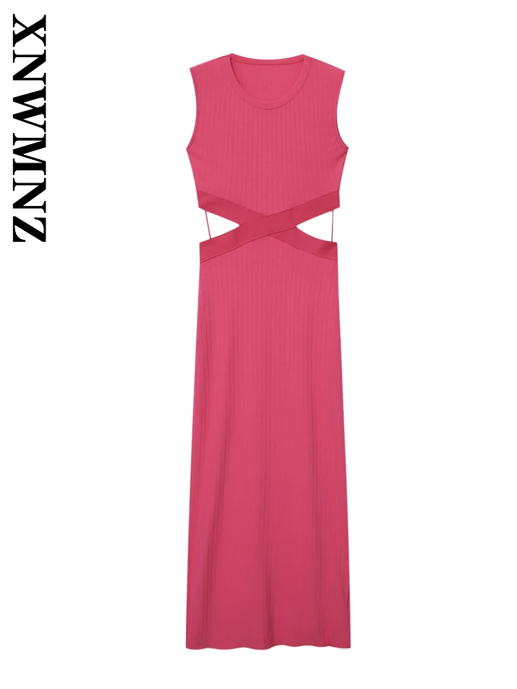 XNWMNZ 2025 Summer New Women Clothing club Chic O-Collar Sleeveless Splicing Dresses Fashion Woman Dress Party Midi long