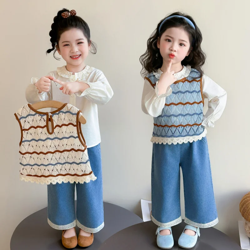 

Girls' Spring Outfit Set2026New stylish children's sweet vest, shirt, and jeans casual three-piece set