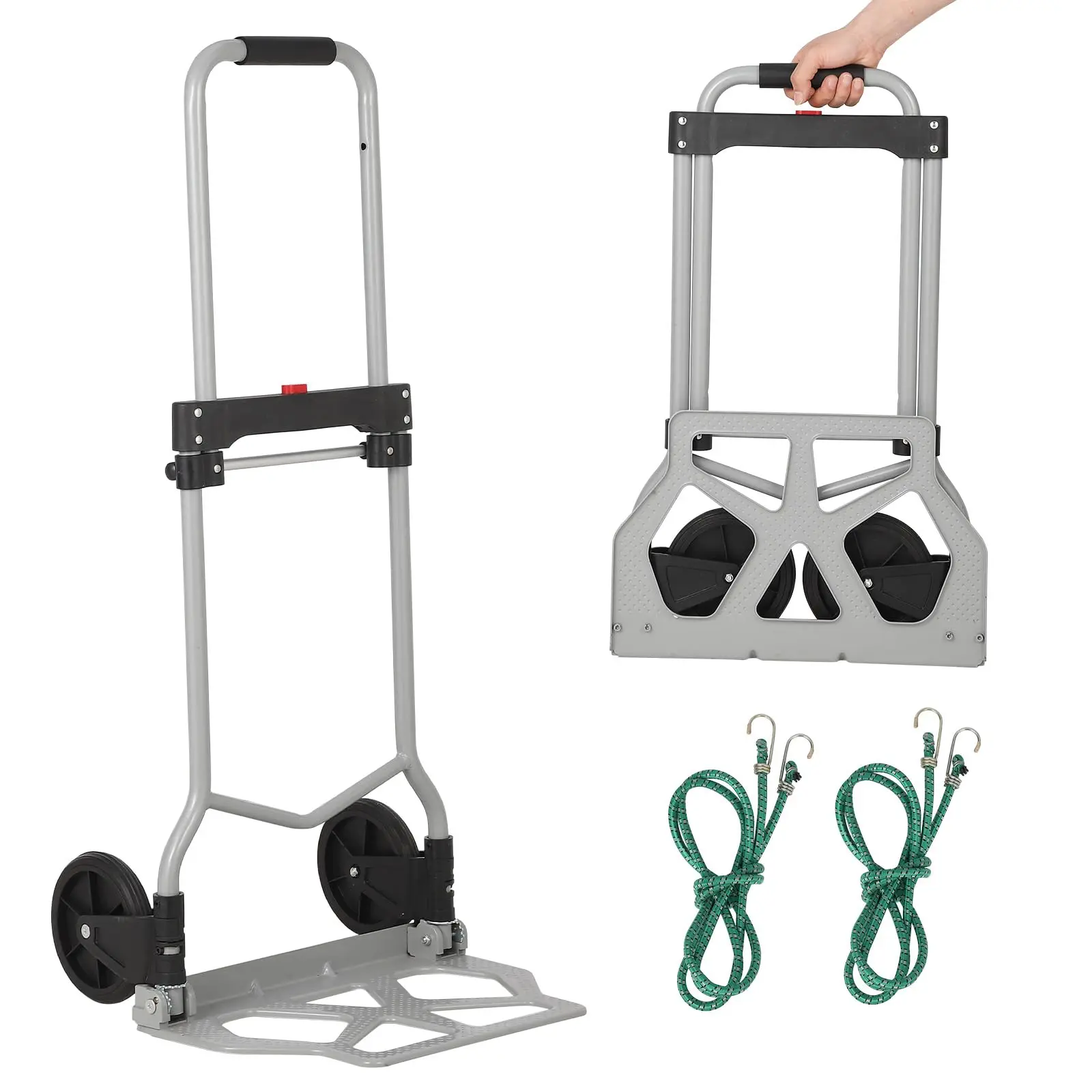 Carrello pieghevole per carrello a mano, carrello in acciaio portatile resistente con capacità di 180 libbre con maniglia telescopica, 2 corde elastiche