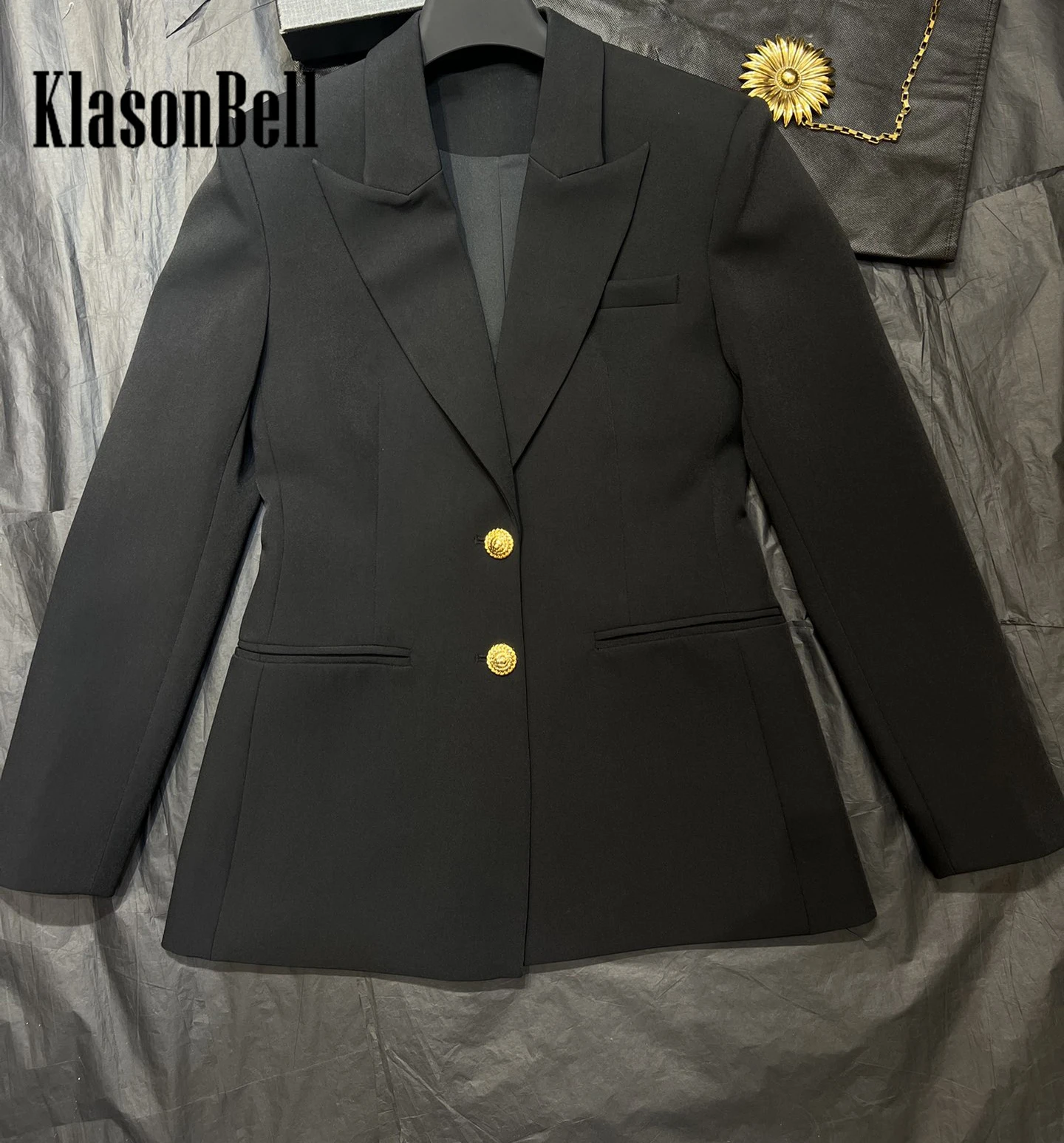 5.4 KlasonBell Classic Temperament Gold Button Long Sleeve Jacket Women Single Breasted Shoulder Pads Slim Office Lady Blazer