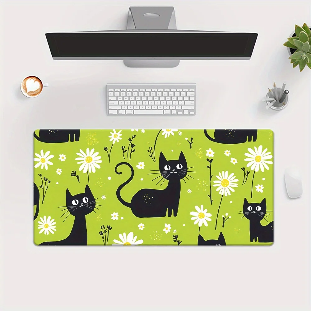 قطعة واحدة من لوحة ماوس XXL، مادة مطاطية غير قابلة للانزلاق، قطة كرتونية سوداء، زهرة خضراء، مطبوعة عالية الدقة، متعددة الوظائف، مع لوحة مفاتيح Gami