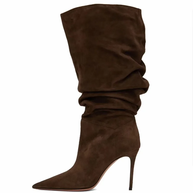 

European AndAmerican Trendy High-heeled Pleated Sleeve Pointed Mid Boots for Women, Sexy and Versatile for All Seasons Commuting