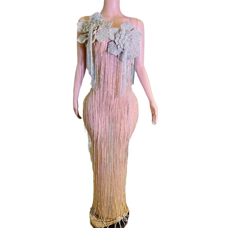 Three-dimensional Flower Fake Meat Tassel Celebrity Birthday Dress Party Red Carpet Catwalk Evening Award Ceremony Evening Dress