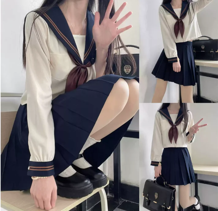 

Summer Long Sleeved Japanese School Uniform Blue JK Uniform Girl Sailor Suit Pleated Skirt JK Uniform Clothing