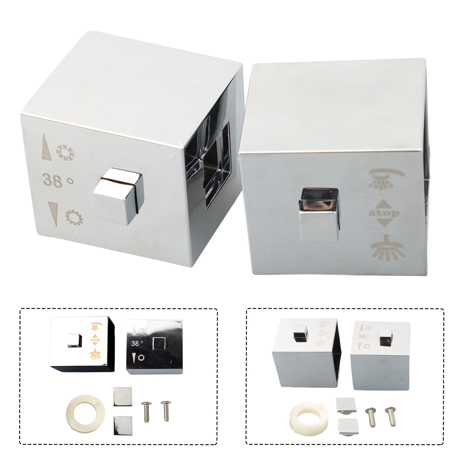 Set of 2 Square Thermostatic Shower Control Handle Knobs Compatible with Bath Mixer Chrome Finish Replacement Handles