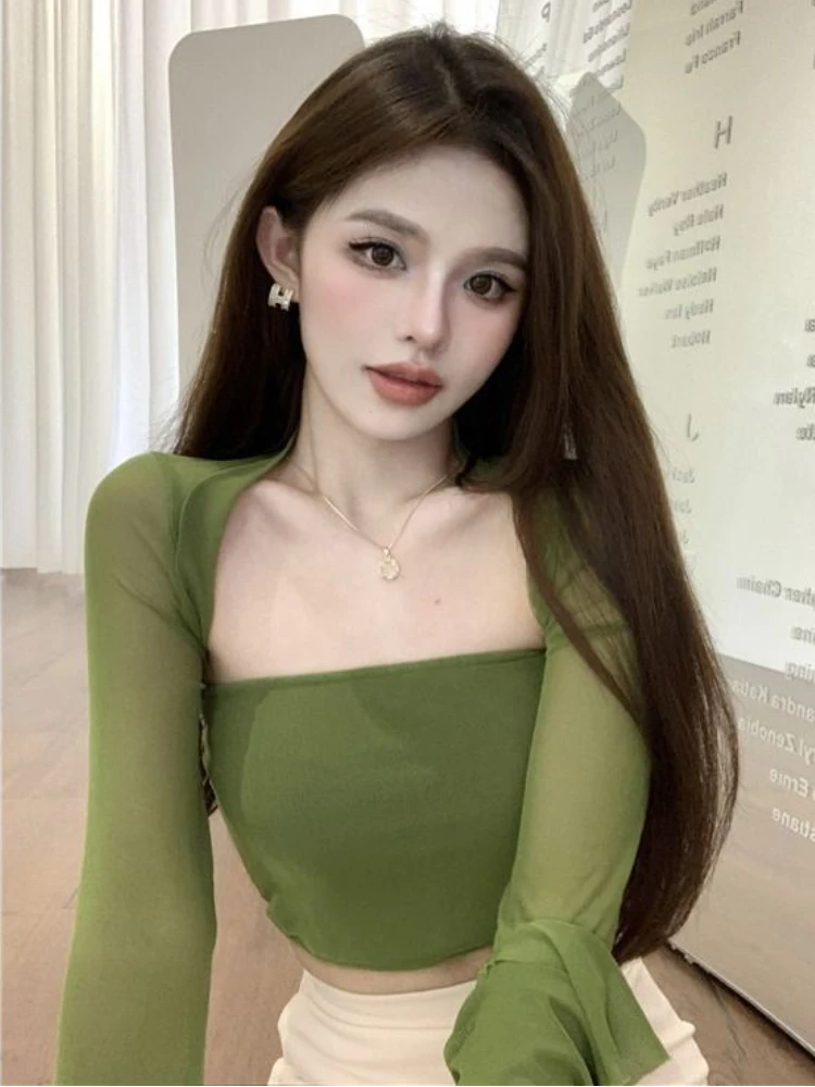 Green 2 Pcs Sets Women Mesh Long Sleeve Smock Blouses Tanks Slim Summer Crop Tops Sexy Solid Korean Style Outfits Casual Retro