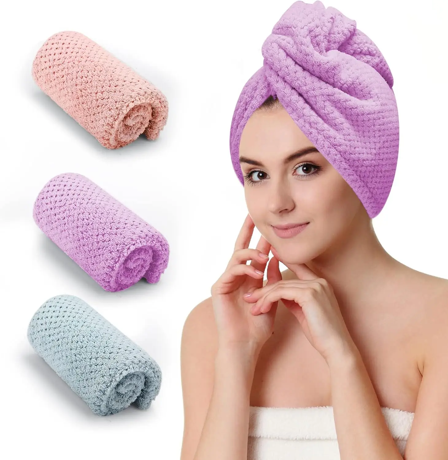 

3-Pack Microfiber Hair Towels for Women, Fast Drying Turban Wrap Anti-Frizz in Purple Pink Blue