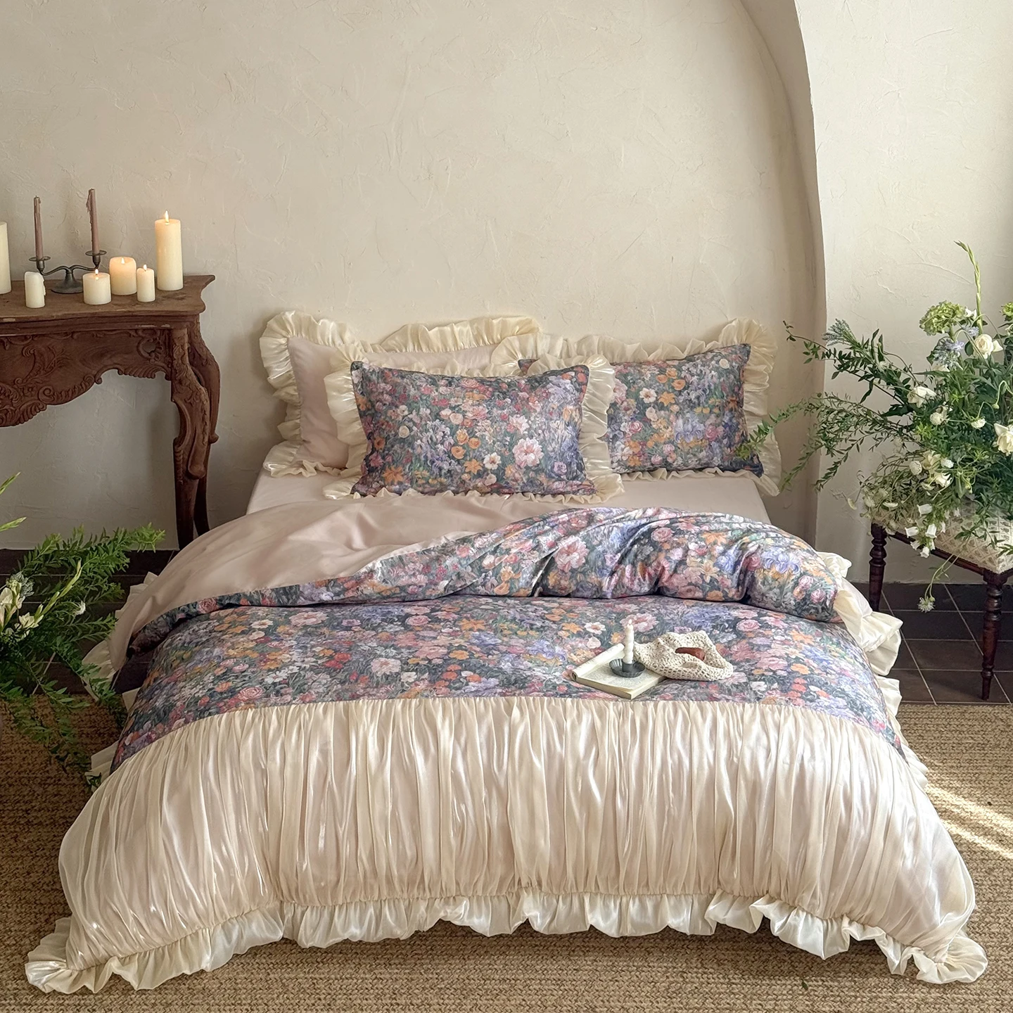 Egyptian Cotton Princess Bedding Set Luxury Lace Ruffles Flowers Printing Duvet Cover Bed Sheet Pillowcases Home Textile