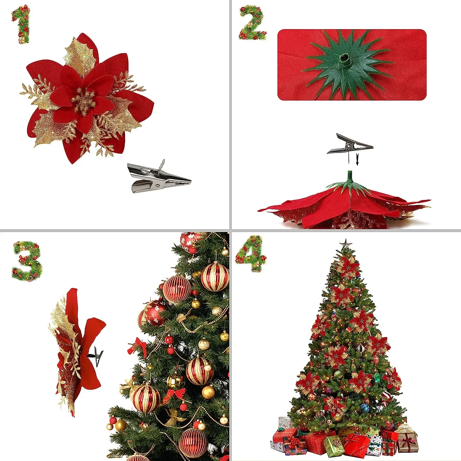 Flores artificiales con purpurina para decoración de árbol de Navidad, adornos de Feliz Año Nuevo, 10/5/1 piezas, 14,5 cm