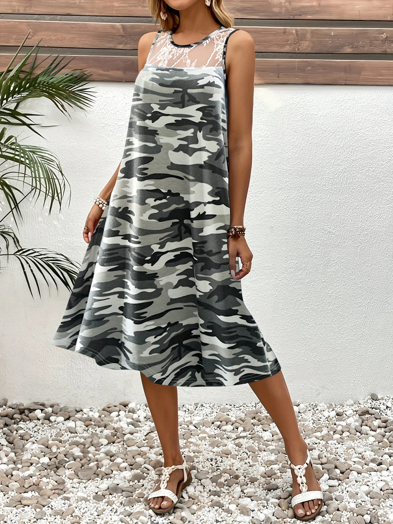 

Женское кружевное лоскутное платье больших размеров с круглым вырезом, удобное платье средней длины без рукавов с принтом на бретельках