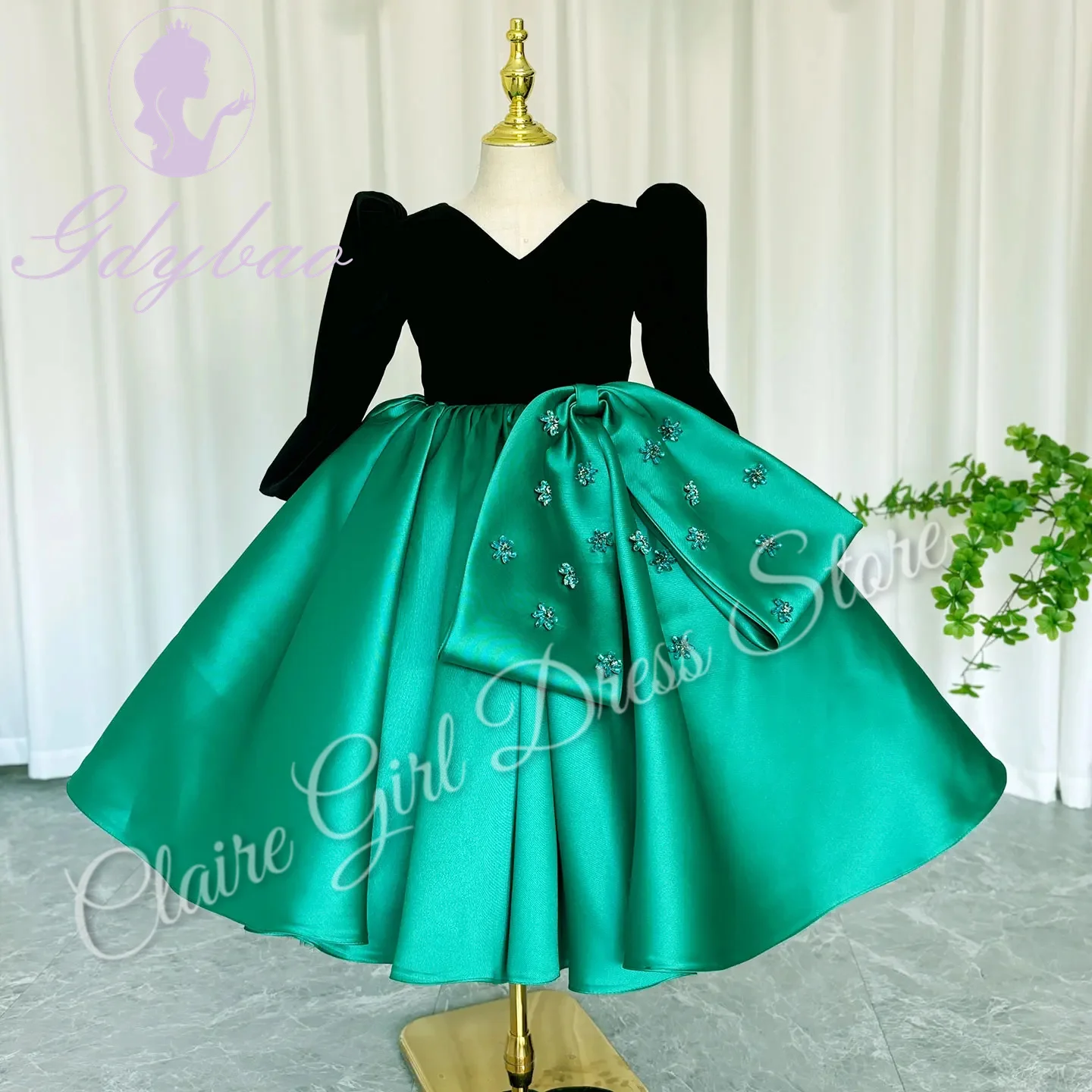 Vestidos florais verdes personalizados para casamento, cetim com laço, mangas completas, festa de aniversário infantil, primeira comunhão, vestido de baile