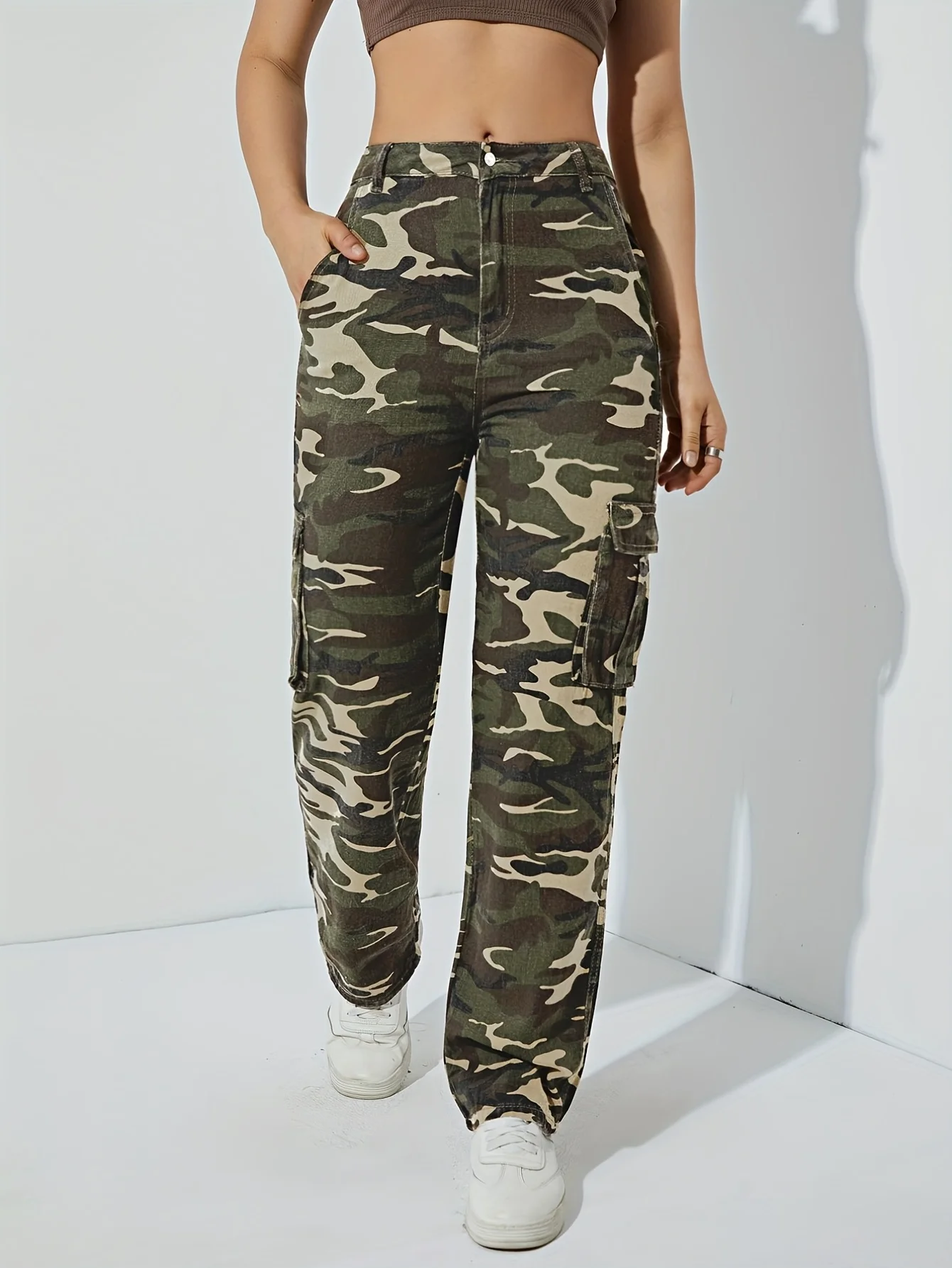 Women's Camo casual pants Straight tube long checkered pants loose  wide leg pants