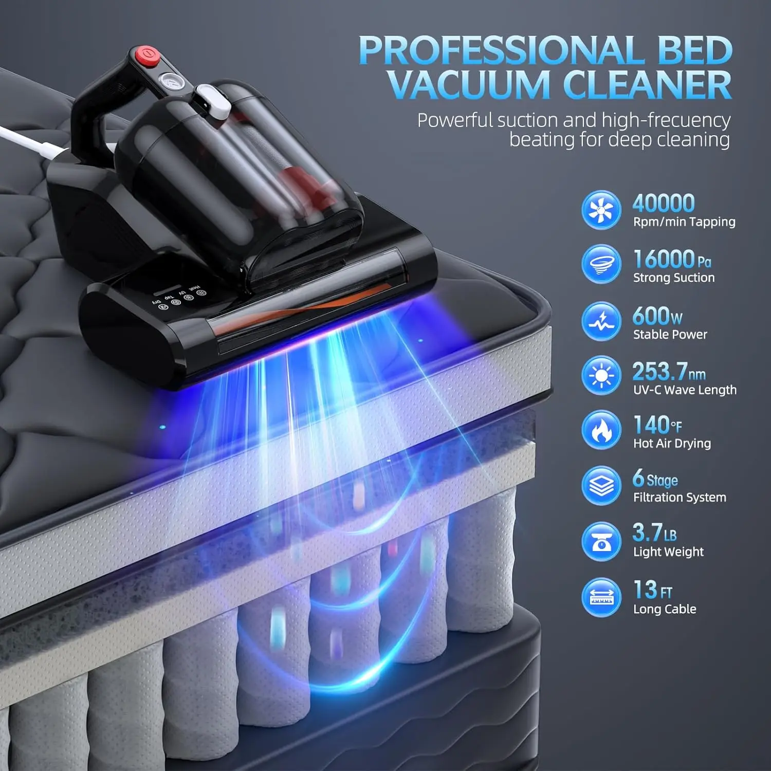 Mattress Vacuum Bed Vacuum Cleaner with 16Kpa Suction 253.7nm UV-C Light & 40000 RPM/Min Brushroll Heating Tech, 600W, Corded