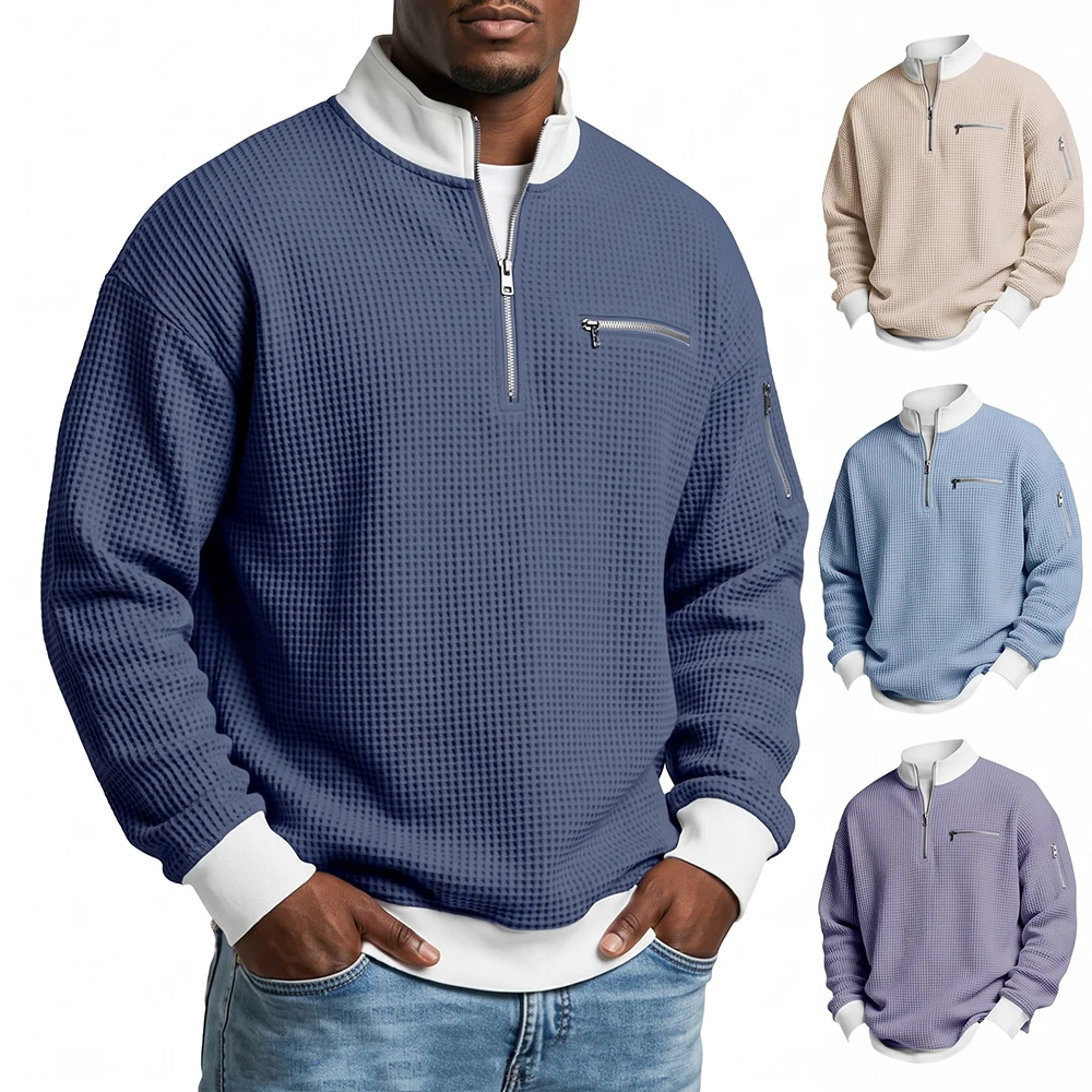 Men Waffle Knit Half Zip Sweatshirt Contrast Collar Long Sleeve Pullover Tops With Zipper Pockets Casual Streetwear Shirts