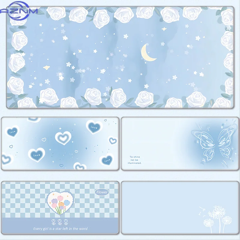 Soft Blue Dreamy Mouse Pad Waterproof Non‑Slip Floral Moon Checkerboard Sweet Girly Print Mousepad PC Laptop Desk Accessory
