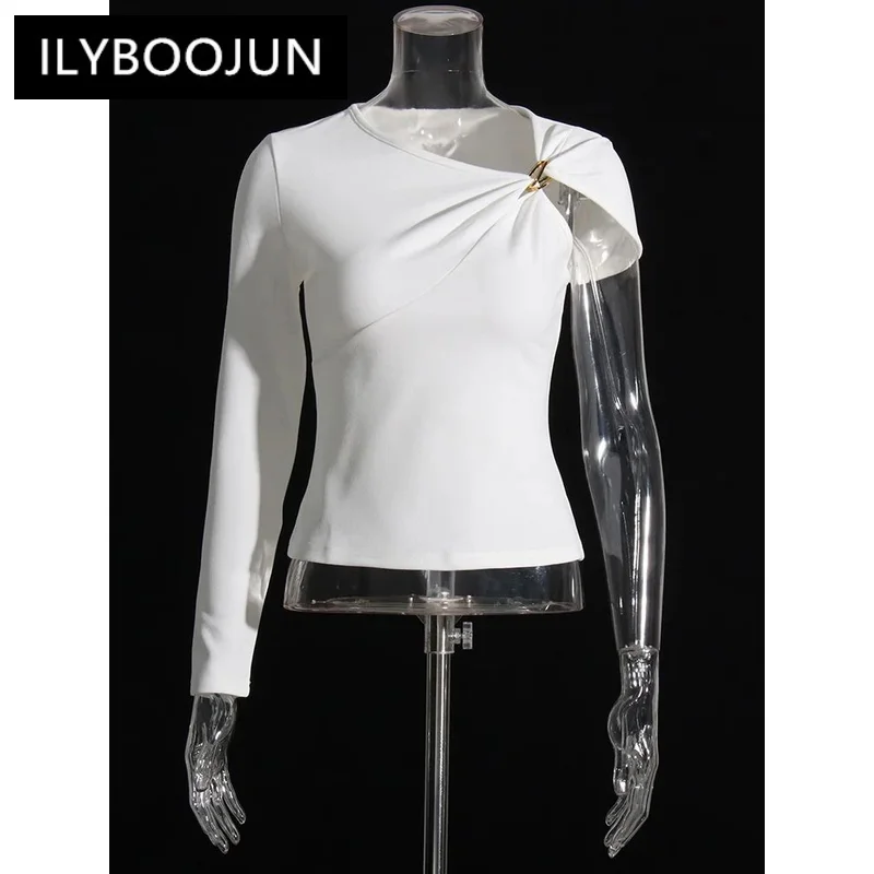 

ILYBOOJUN Solid Designer Sweater For Women Irregular Collar One Shoulder Sleeve Patchwork Folds Casual Sweaters Female New