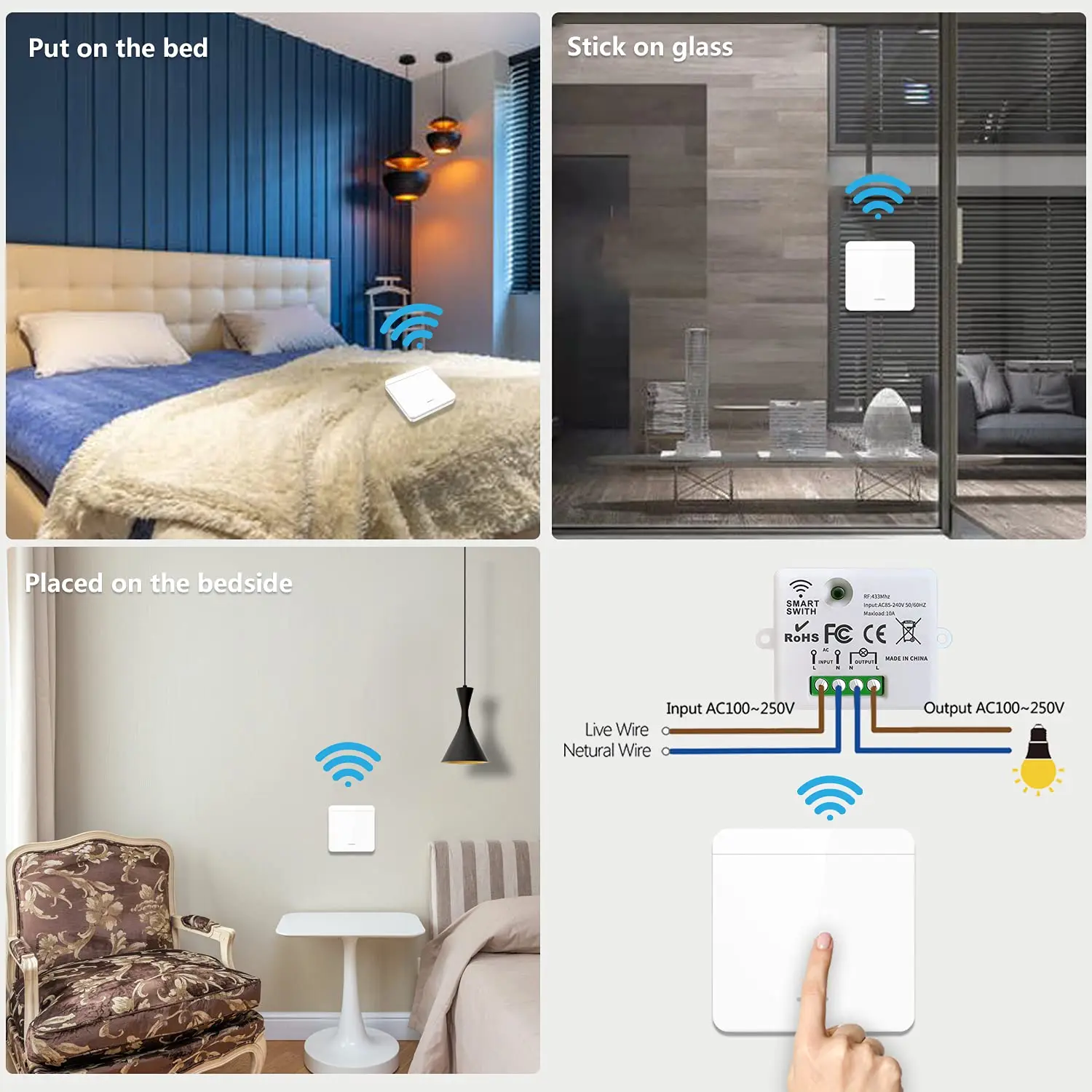 Wireless Light Switch, Wireless Transmitter Safety Switch and Receiver Controller 10A, Easy Installation for Bulbs up to 1500 W