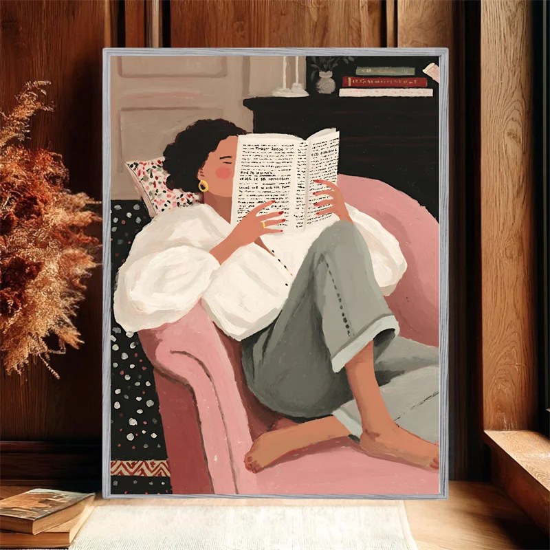 Vintage Girl Reading Book Poster Bookshop Canvas Wall Art Painting Book Stacks Book Lovers Picture Gifts Living Room Decoration