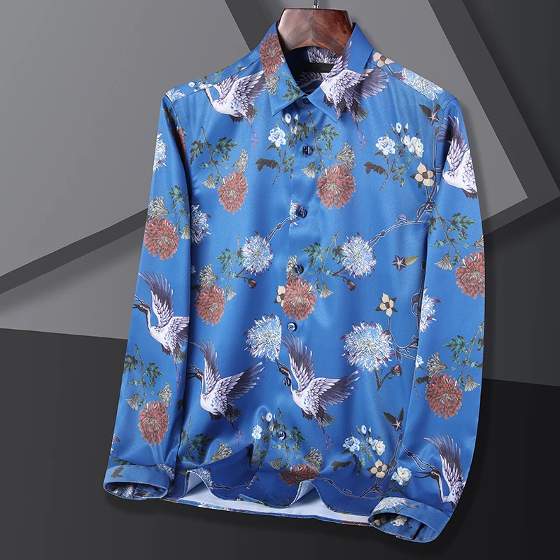 Brand Fashion Mens Shirts New Chinese Style Print Smart Casual Shirt Long Sleeve Turn-Down Slim Fit Social Work Shirt Men