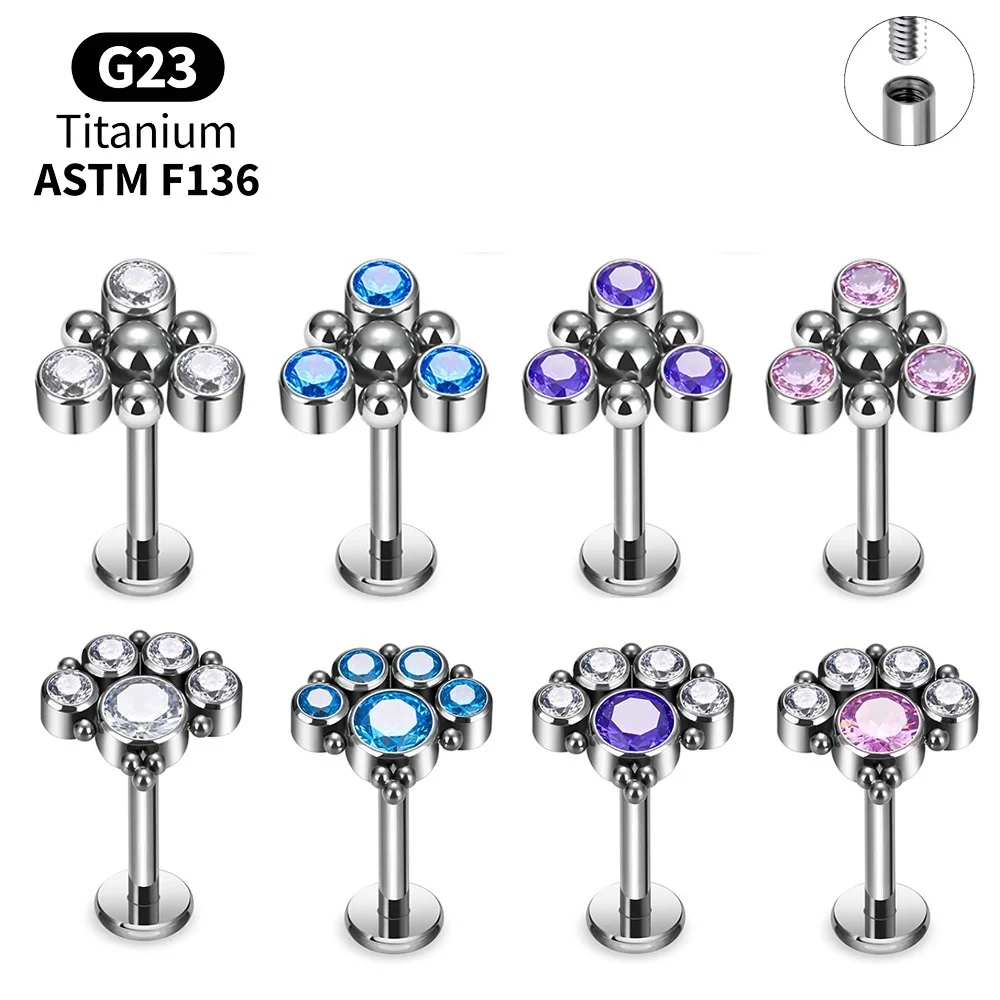 Titanium Trinity CZ Labret Lot Helix Tragus Septum Conch Vertical Cartilage Earring Stud Internally Threaded Piercing Jewelry