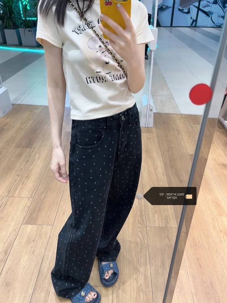 

plus Size Black Vintage Polka Dot Slim Straight Denim Jeans Women Summer Wide Leg Pants Loose High Waist Floor Length Trousers