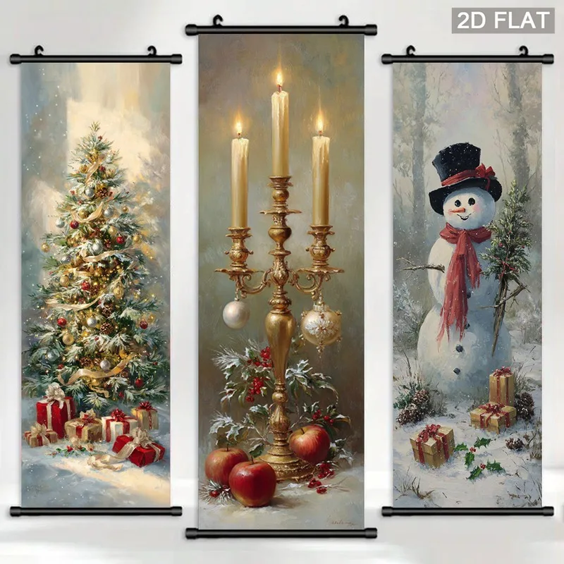 VIKAMA 3PCS Christmas Wall Hanging Set, Tree Candle Snowman Warm Neutral Scroll Banner for Xmas Living Room Decor
