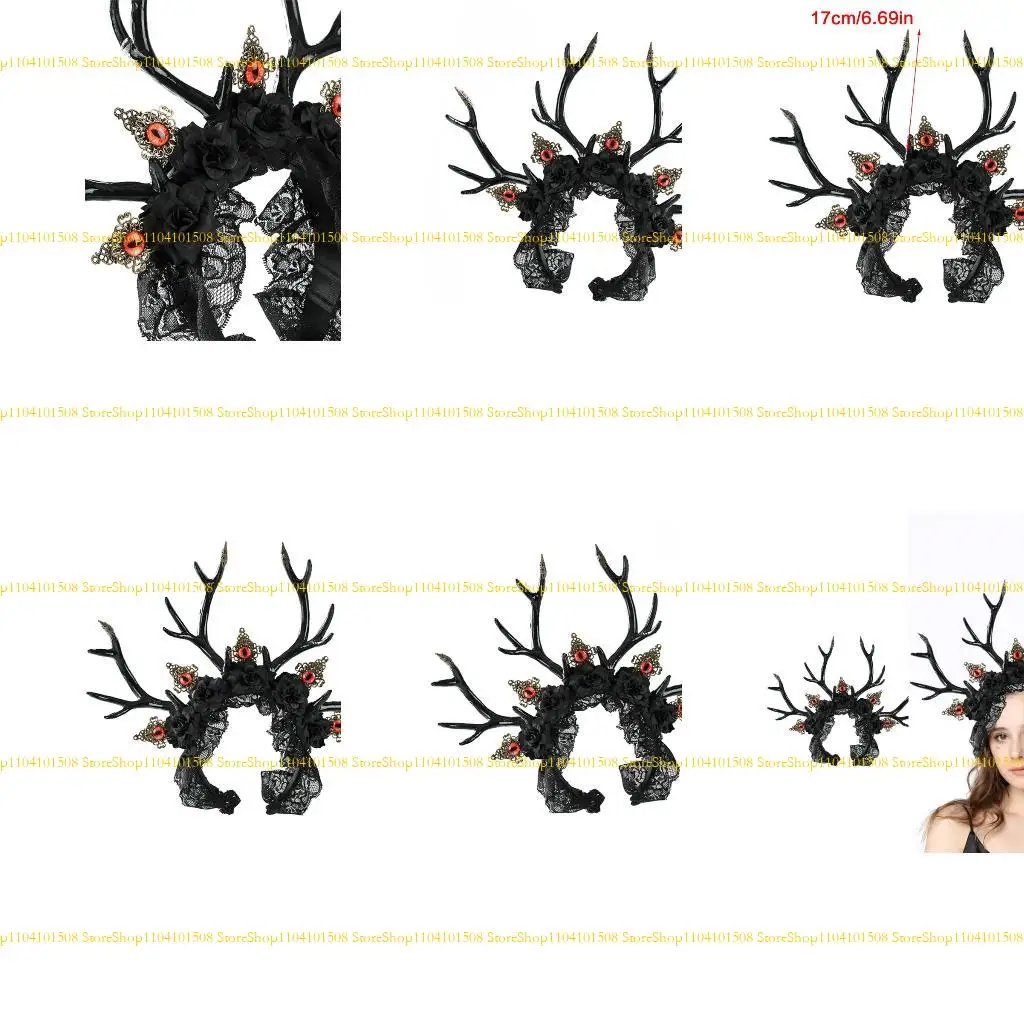 

15YC Dark Gothic Deer Horn Headbands With Mysterious Eye Detail Halloween Accessory
