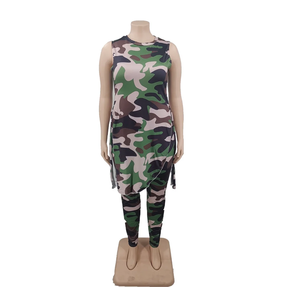 Camouflage Plus Size Women Clothing Two Piece Outfits Sleeveless Round Neck Bandage Crop Tops Pants Sets Wholesale Drop Shipping