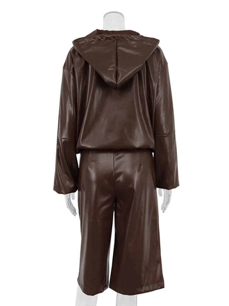 Mueyaruho 2023 Women Autumn Winter Fashion Leather Pant Set Solid Brown Outfits Hoodies 2 Two Piece Matching Short Set Suits