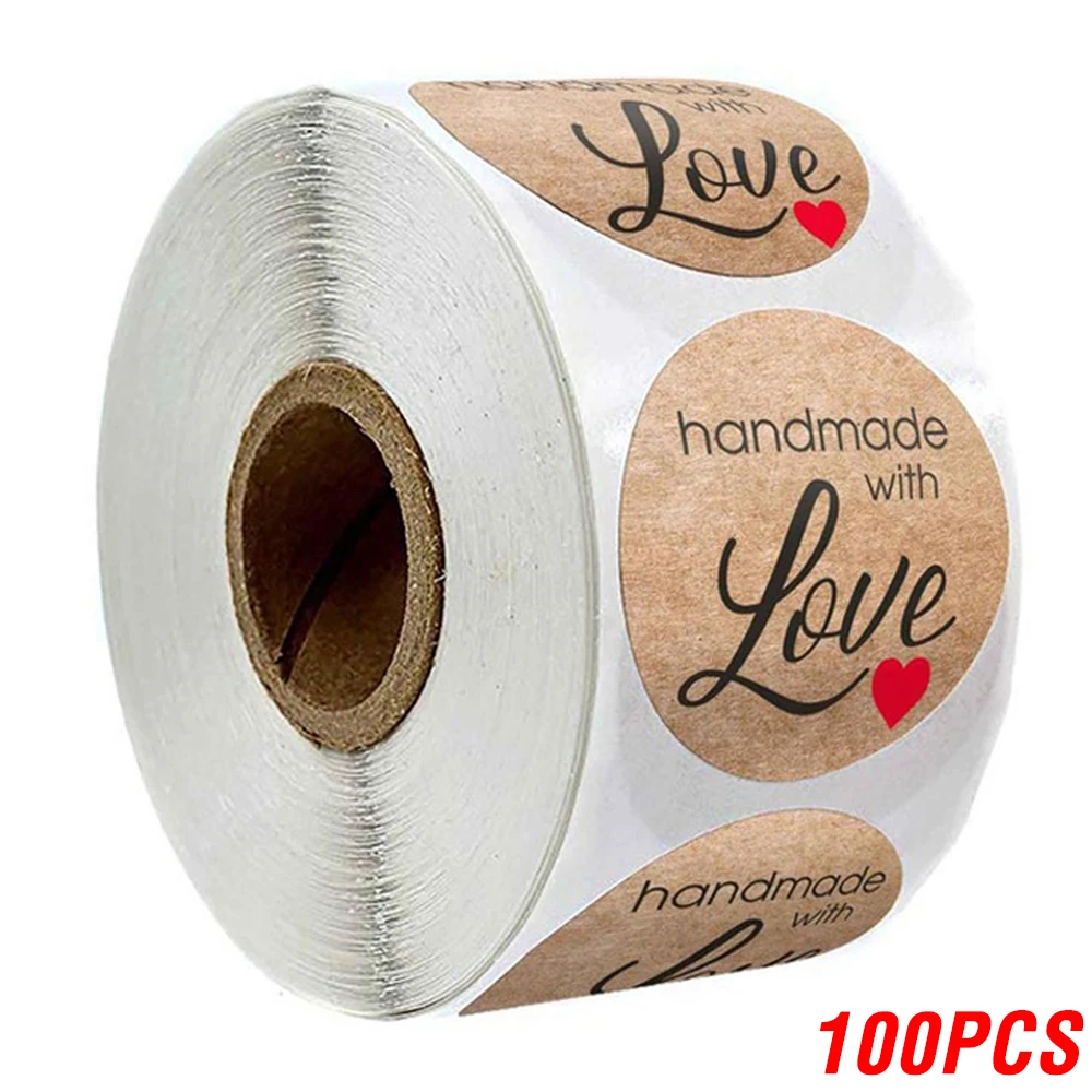 100-500 Stuks 1Inch Vintage Kraftpapier Handgemaakt Met Liefde Stickers Voor Pakket Dank U Briefpapier Zelfklevende Etiketten bakken Seals