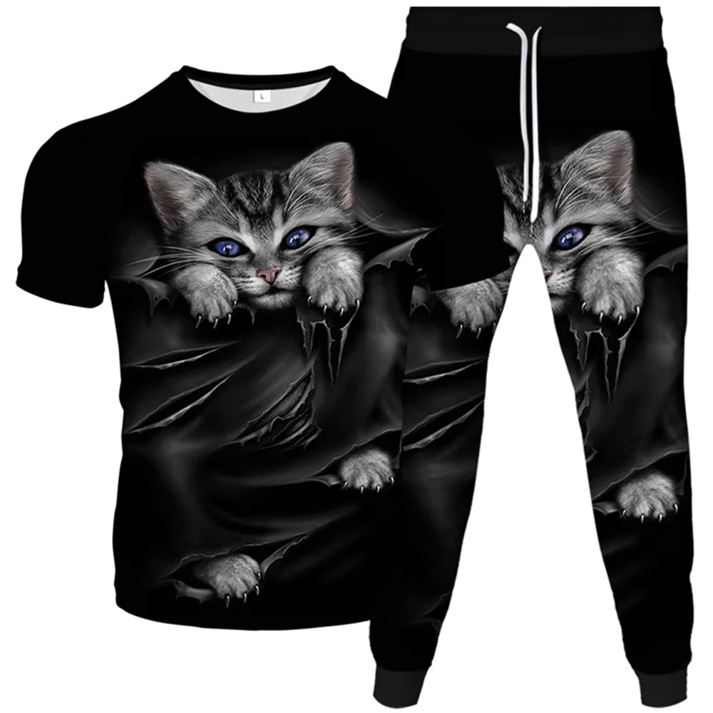 Mens T-Shirt+Long Pants 2Piece Sets Casual Breathable Tracksuit Clothing Cartoon Animal Cat Harajuku Galaxy Funny Oversized Suit