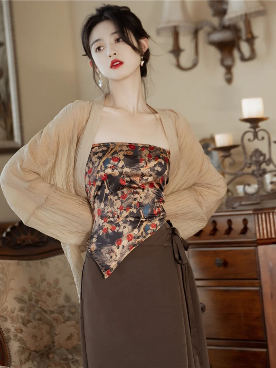 

Новый китайский комплект в стиле дзен для женщин: летний, высококачественный, вдохновленный Ханьфу, обновленный топ-бюстье и юбка, модный ансамбль из двух предметов