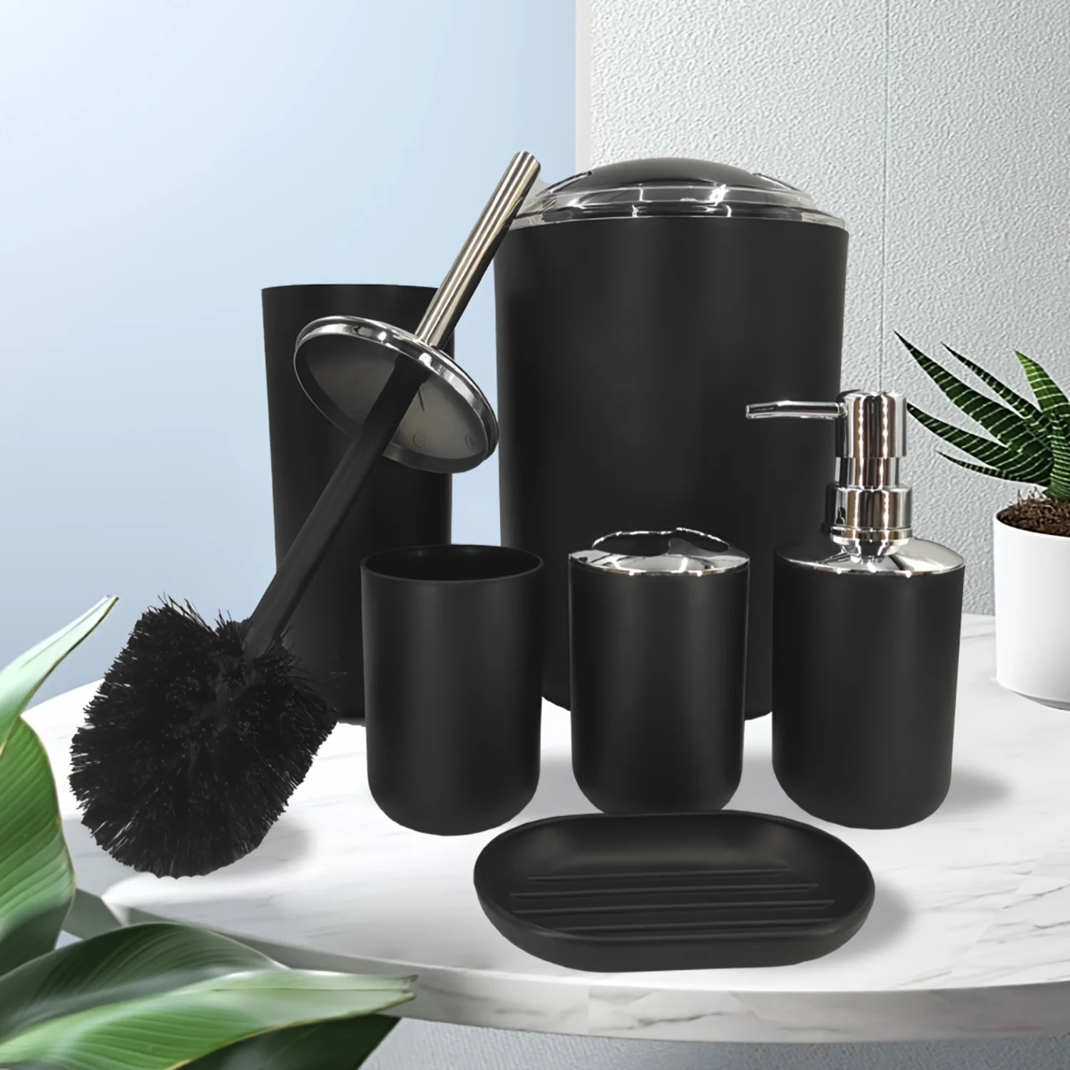 Complete Bathroom Ensemble - Stylish & Durable Accessories Set with Toilet Brush, Toothbrush Holder, Trash Can, Shampoo Bottle, 