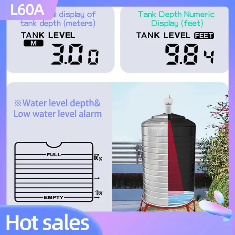 

L60A Измеритель уровня жидкости для резервуаров для воды с ультразвуковым датчиком, отображением температуры, считыванием времени и сигнализацией