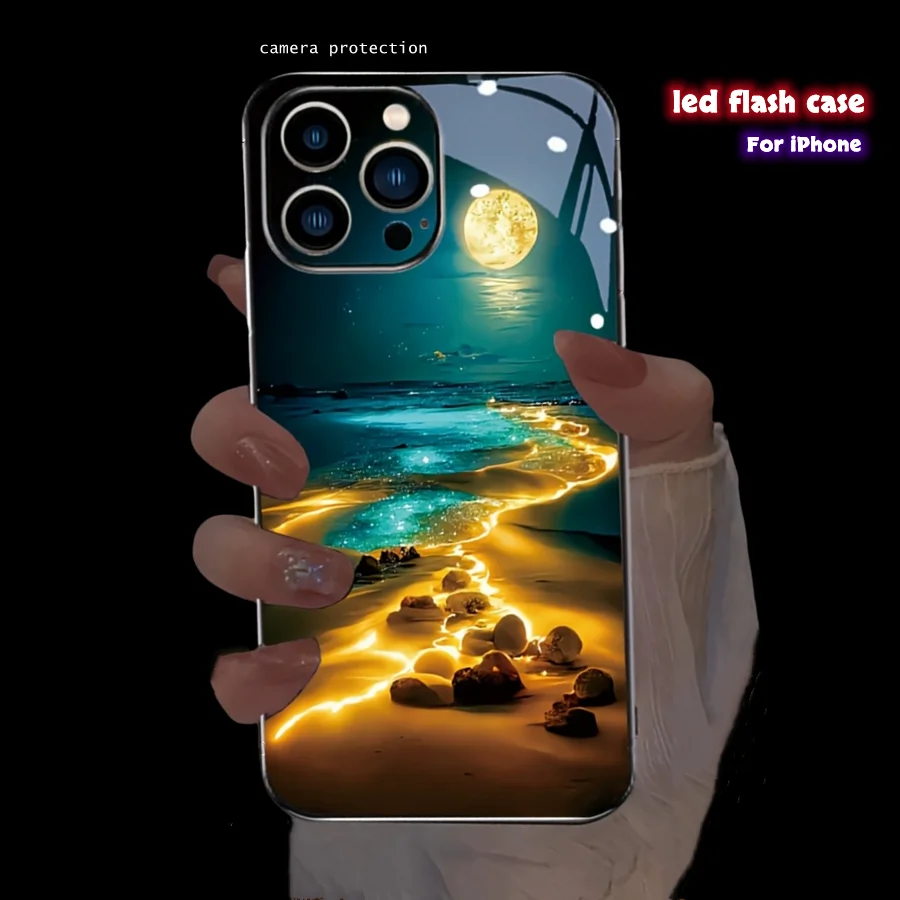 

Beach Sunset Moonlight LED Flash Phone Case For iPhone 7 8 Plus 16 15 14 13 12 11 17 Pro Max X XR Shockproof Luminous Glow Cover