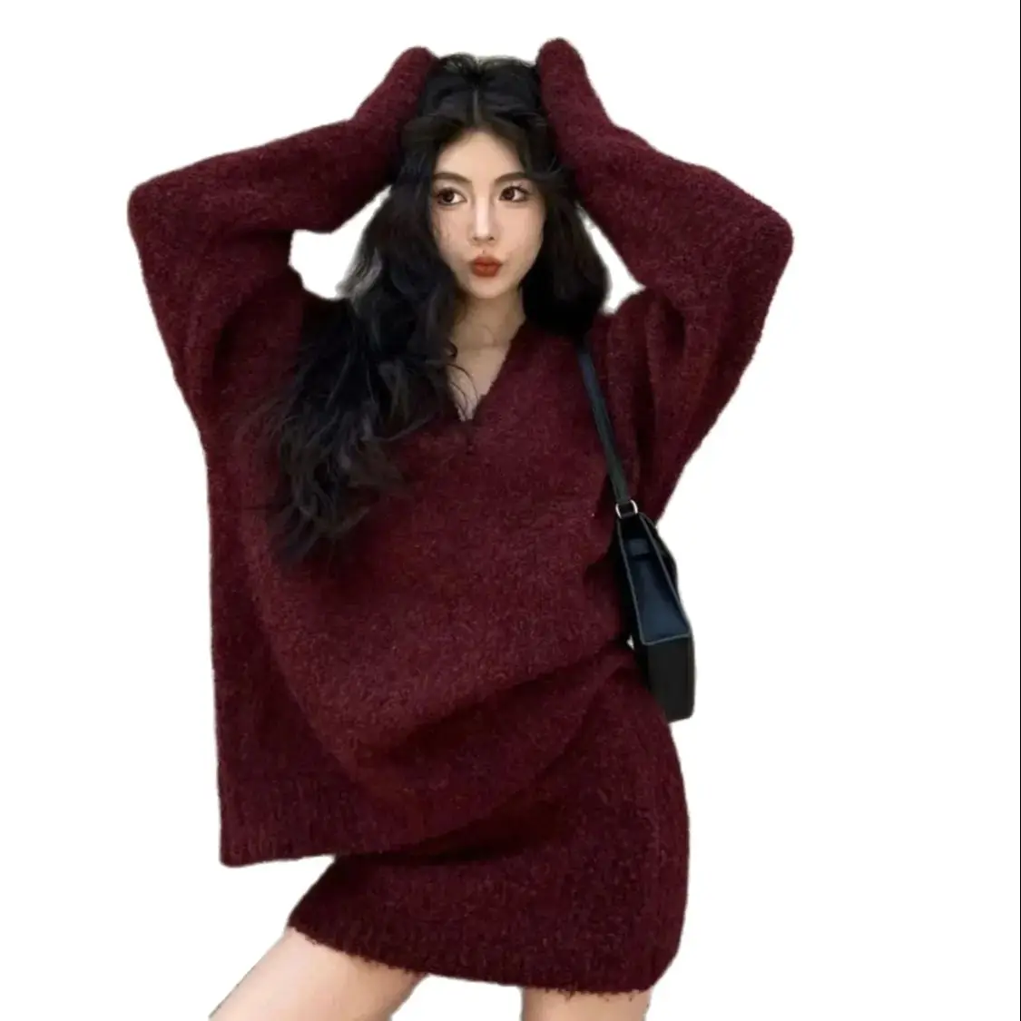 Knitted Long-Sleeved Pullover Mini Skirt Two-Piece Loose Street High-Waist Retro Tender Fashionable Temperament Versatile Suit