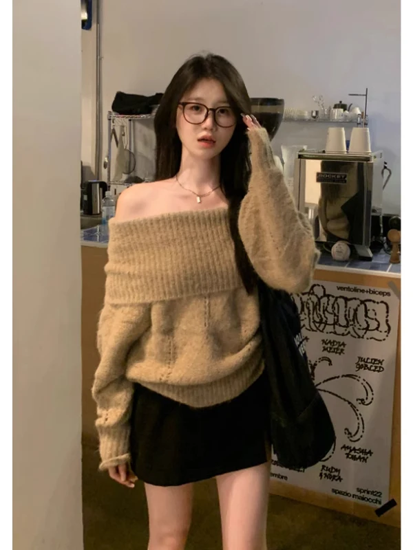 

Корейский трикотаж с открытыми плечами, женский свободный длинный топ све на осень-зиму, повседневная цельная одежда Lazy Sle