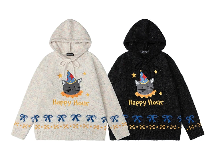 2025 outono inverno novo unisex bonito dos desenhos animados gato carta arco bordado preto damasco solto casual camisola com capuz