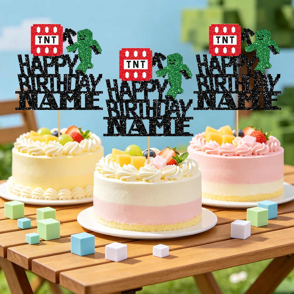1/3/6 Pcs Of Glitter Minecraft Game Cake Decoration - Personalized Name Design - Suitable For Birthday Parties, Fan Gatherings view 5