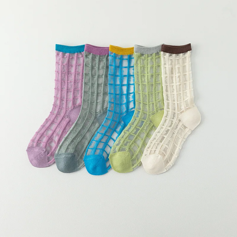 Glass socks summer women thin breathable mid-tube tide socks Korean version color combination pile socks