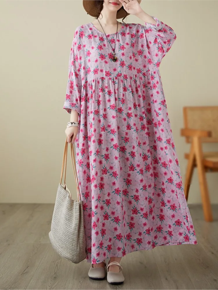 Oversized Autumn Floral Flower Print Long Dress Women Fashion Casual Pleated Ladies Dresses Loose Long Sleeve Woman Dress 2023