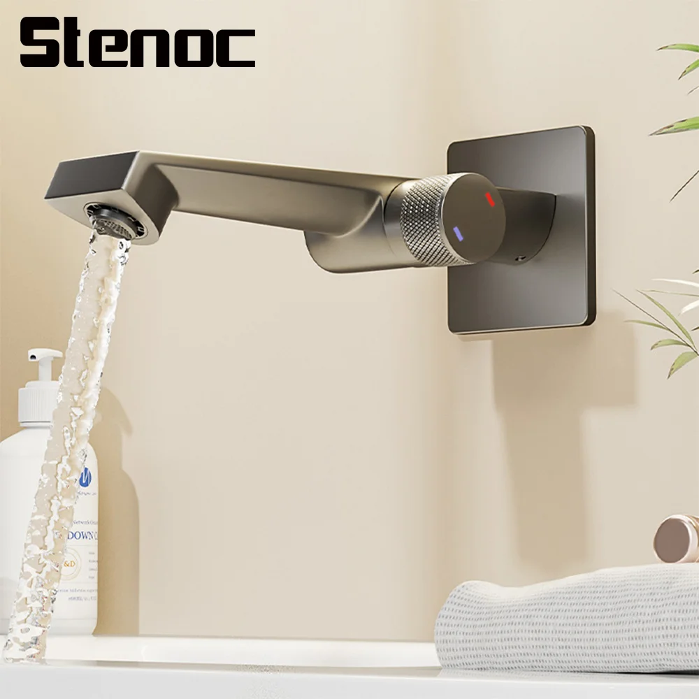 

Stenoc New Grey Brass Wall Mounted Basin Faucet Basin Sink Faucet Bathroom Faucet Single Handle Solid Brass Hot & Cold Mixer Tap