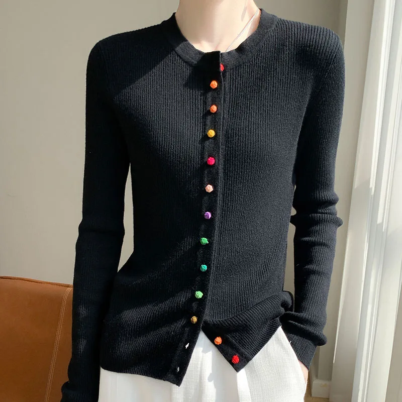 Women\'s 100% Merino Wool Sweater Round Collar Colorful Buckles Slim Fit Cardigan Autumn Winter Warm Jacket Casual Knit Basic Top