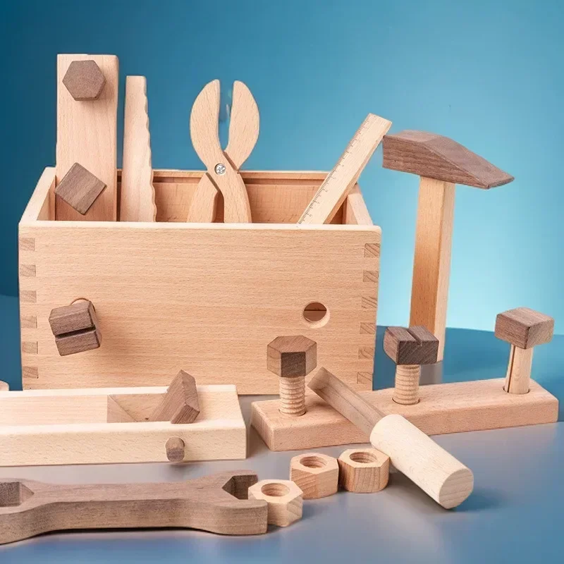 Role play jogos interativos para criança caixa de ferramentas de armazenamento portátil crianças conjunto de ferramentas de madeira educacional haste construção montessori brinquedos