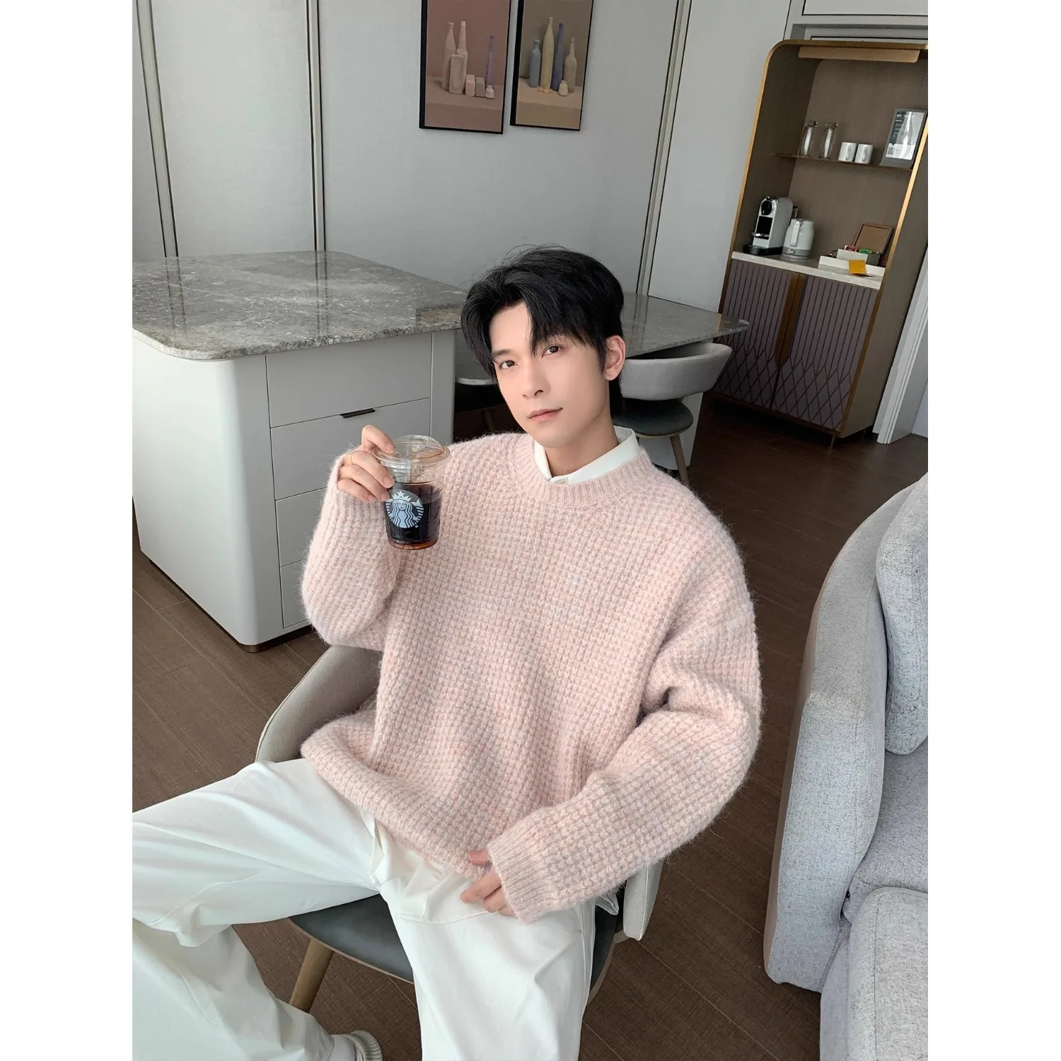 

Высококачественная верхняя одежда, базовый свитер, мужской осенне-зимний новый стиль 2025 года, свободный пуловер с круглым вырезом и вязаным верхом свитера внутри